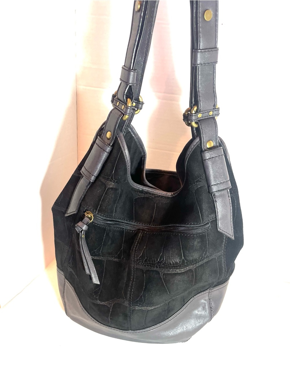 A.N.A. Cowhide Leather Black Croc Embossed Hobo Shoulder Bag Travel Vacation NWT - Picture 10 of 16